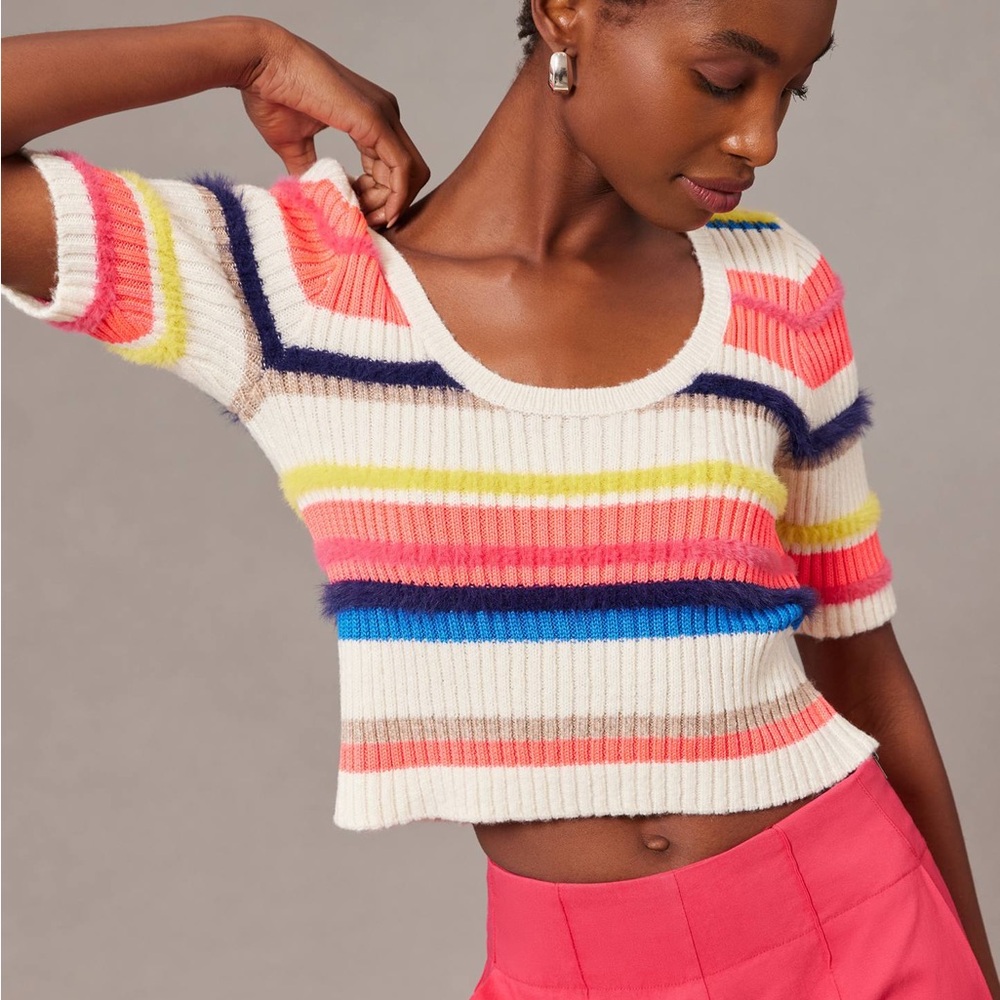 Maeve by Anthropologie Short-Sleeve Multi-Stripe Eyelash Sweater
